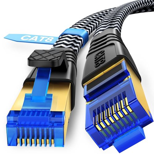 Cat 8 Câble Ethernet, 3m Câble RJ45 Internet, Réseau Super Débit 40Gbps 2000MHz Haut Débit S/FTP, Câble LAN Plat Nylon Tressé Compatible avec Routeur Switch TV Box Internet