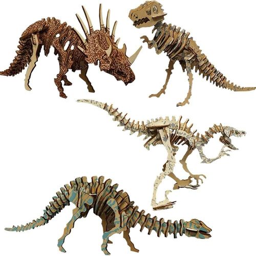 DIY Kits de Construction en Bois Puzzle en Bois 3D Scie Sauteuse Maquettes Dinosaure en Bois Jouets pour Les Enfants Lot de 4Puzzle 3D Dinosaure-Tyrannosaurus/Diplodocus/Triceratops Dinosaure