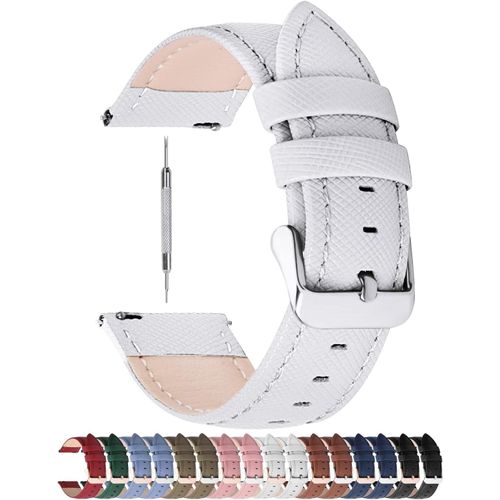 Cross Bracelet De Montre De 18mm En Cuir Véritable Bracelet À Attache Rapide Pour Hommes Et Femmes Compatible Avec Garmin,Fossil,Huawei,Lg,Seiko,Timex-18mm Blanc + Boucle Argent
