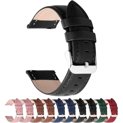 Bracelet De Montre En Cuir Véritable,Cross Montre Bracelet Homme Femme À Dégagement Rapide,20mm Noir+Boucle Argent