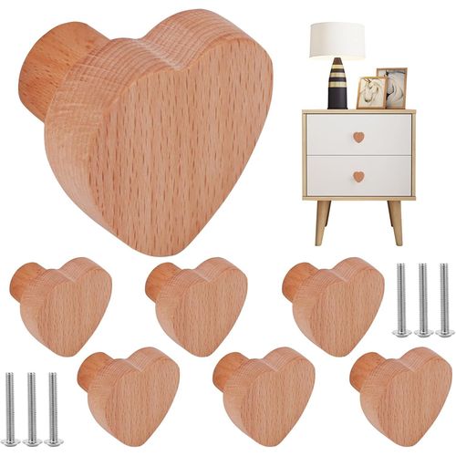 Lot de 6 boutons d'armoire, poignées de porte et tiroir en bois massif en forme de c?ur avec vis pour chambre d'enfant, chambre à coucher, cuisine, salle de bain
