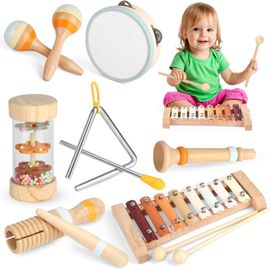 Instrument de Musique Bebe, Jouet Musique en Bois avec Xylophone Baton de Pluie Trompette Maracas Tambourin Batterie Enfant Jeu Montessori, Cadeau Noël Anniversaire Fille Garcon 1 2 3 4 5 Ans