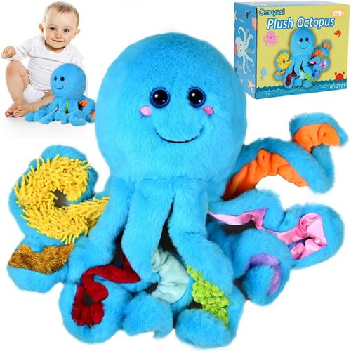 Peluche Pieuvre Jouet Bebe 1 an, Kawaii Montessori Sensoriel Jouet Enfant 1 2 3 Ans avec 8 Tentacules Texturés, Cadeau Fille Garcon Enfant 5 6 7 8 Ans, Autisme Jouets (Bleu)