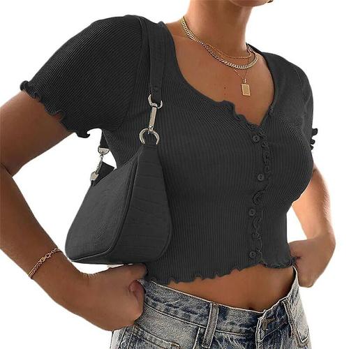 Été Sexy Femmes Col En V Récolte Hauts À Manches Courtes À Volants T-Shirt Clubwear Boutons Moulante Solide T-Shirt Femme Outwear T-Shirt S Noir