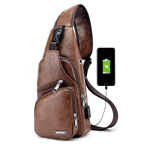 Sacs de poitrine pour hommes/femmes, sac à dos antivol à bandoulière en  cuir Pu, sac à bandoulière avec chargeur USB, Portbrown