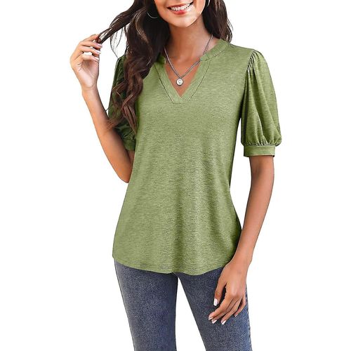 T-Shirt Décontracté À Manches Courtes Et Col En V Pour Femme - Tunique Ample D'été - Vert Herbe Moyen