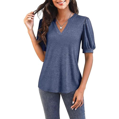 T-Shirt Décontracté À Manches Courtes Et Col En V Pour Femme - Tunique Ample D'été - Bleu Sale - Moyen