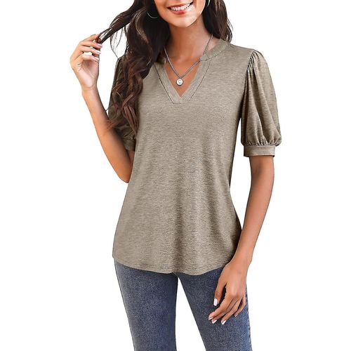 T-Shirt Décontracté À Manches Courtes Et Col En V Pour Femme - Tunique Ample D'été - Camel - Large