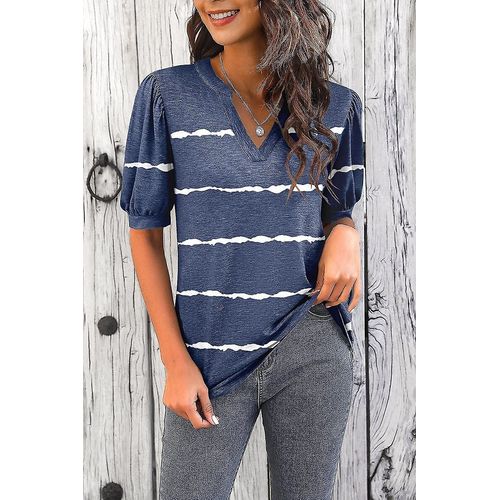 T-Shirt Décontracté À Manches Courtes Et Col En V Pour Femme - Tunique Ample D'été - Zstripesdirty Bleu - Grand