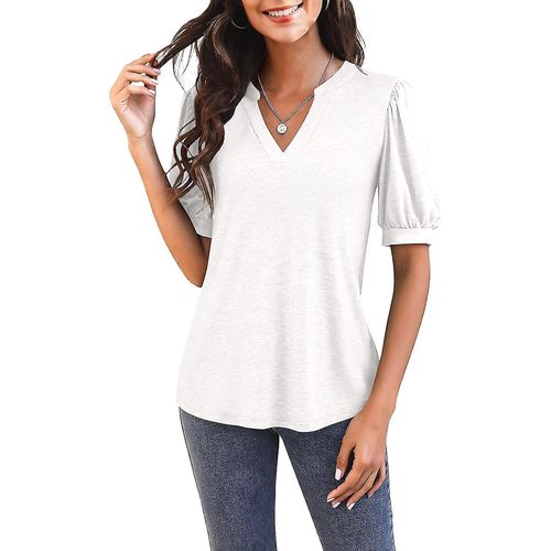 T-Shirt Décontracté À Manches Courtes Et Col En V Pour Femme - Tunique Ample D'été - Blanc - Moyen