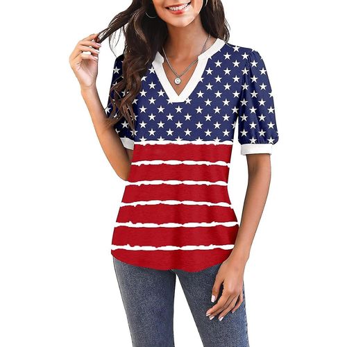 T-Shirt Décontracté À Manches Courtes Et Col En V Pour Femme - Tunique Ample D'été - Z9patriotique Rouge Moyen