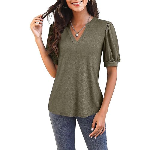 T-Shirt Décontracté À Manches Courtes Et Col En V Pour Femme - Tunique Ample D'été - Olive - Petit