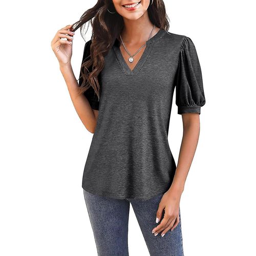 T-Shirt Décontracté À Manches Courtes Et Col En V Pour Femme - Tunique Ample D'été - Gris Foncé - Petit