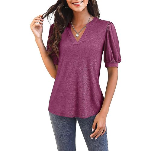 T-Shirt Décontracté À Manches Courtes Et Col En V Pour Femme - Tunique Ample D'été - Fuchsia Small