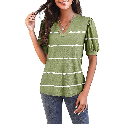 T-Shirt Décontracté À Manches Courtes Et Col En V Pour Femme - Tunique Ample D'été - Zstripesgrass Green Xlarge