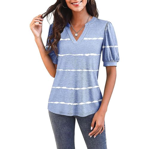 T-Shirt Décontracté À Manches Courtes Et Col En V Pour Femme - Tunique Ample D'été - Zstripessky Bleu Xlarge
