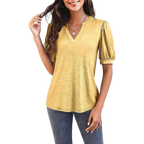 T-Shirt Décontracté À Manches Courtes Et Col En V Pour Femme - Tunique Ample D'été - Jaune Xlarge