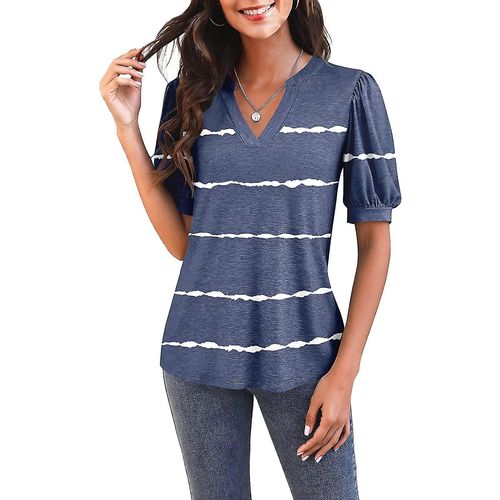 T-Shirt Décontracté À Manches Courtes Et Col En V Pour Femme - Tunique Ample D'été - Zstripesdirty Bleu Xxlarge