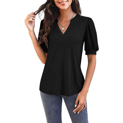 T-Shirt Décontracté À Manches Courtes Et Col En V Pour Femme - Tunique Ample D'été - Noir Xxlarge
