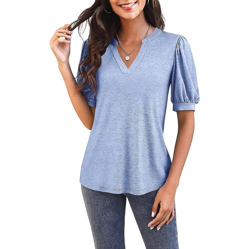 T-Shirt Décontracté À Manches Courtes Et Col En V Pour Femme - Tunique Ample D'été - Bleu Xxlarge