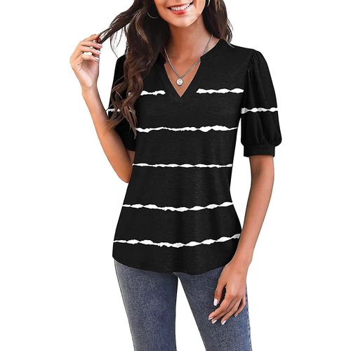 T-Shirt Décontracté À Manches Courtes Et Col En V Pour Femme - Tunique Ample D'été - Zstripesblack Xxlarge