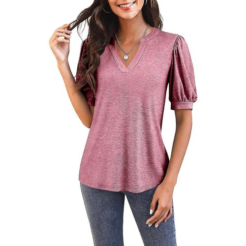 T-Shirt Décontracté À Manches Courtes Et Col En V Pour Femme - Tunique Ample D'été - Rose Corail - Xxlarge