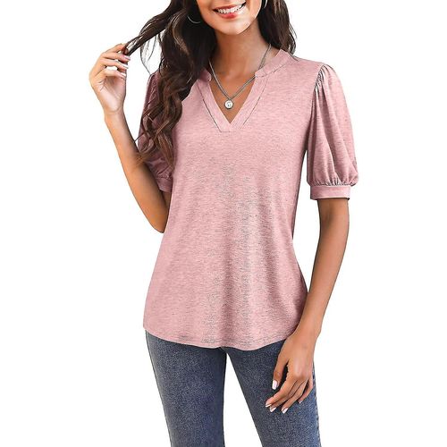 T-Shirt Décontracté À Manches Courtes Et Col En V Pour Femme - Tunique Ample D'été - Rose Clair - Xxlarge
