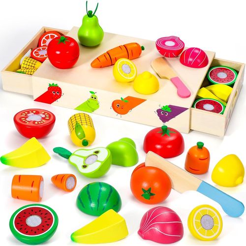 Dinette Enfant 2 3 Ans - Fruit et Legumes Jeux Enfant - Ustensile Cuisine en Bois Enfant - Legumes Jouet Enfant - Fruits en Bois à DéCouper - Jouet Enfant 2 3 Ans Cadeau pour Les Enfants