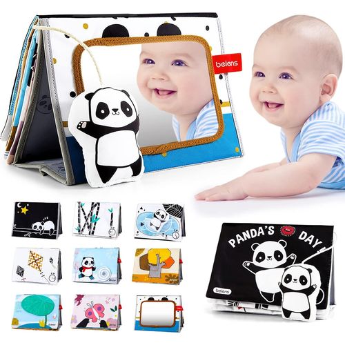Jouet Bebe 0 3 6 12 Mois,Livre Tissu Bebe avec Miroir,Noir et Blanc Livres d'éveil Doux Froissé avec Panda,Jeux Bebe Montessori Bebe eveil 0-6 Mois,Cadeau Bebe Naissance Garcon Fille