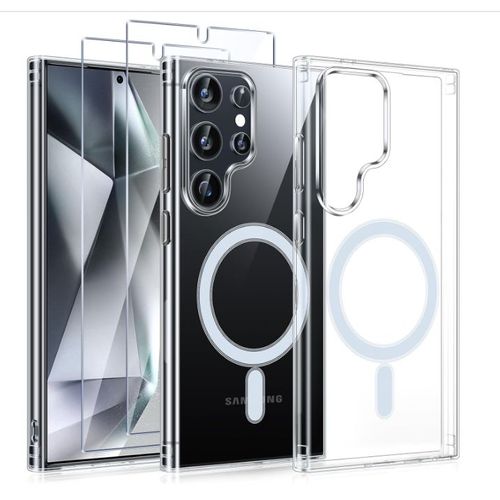 Coque Magnétique Pour Samsung Galaxy S24 Ultra 5g Avec 2 Vitre Verres Trempés,Compatible Avec Magsafe ,Transparent - Hqselection®