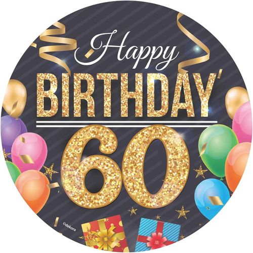 Ershi-Dekora, Disque D'azyme Comestible Happy Birthday, Décoration Pour Gâteaux D'anniversaire, Rond 20 Cm (Happy Birthday 60)[6039]