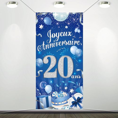 ERSHI-Français Joyeux Anniversaire 20 Ans Bannière pour Garçon Homme Décorations Anniversaire 20 Ans, Bleu Argenté Bannière Toile [8371]