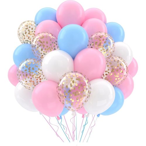 ERSHI-Ballons Anniversaire Bleu Rose Blanc Or, 52 Pièces Ballon Bleu Rose Bébé Blanc, Ballons De Blue Clair Pink Clair Confettis O[1720]