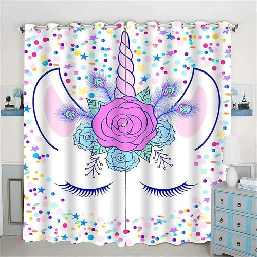 Rideau Occultant Licorne De Dessin Anim¿¿, Rideaux En Tissu Pour Chambre D'enfant, Dessus ¿¿ ?Illets Pour Rideaux, Impression 3d 100 % Polyester, 2 X 100 X 140 Cm