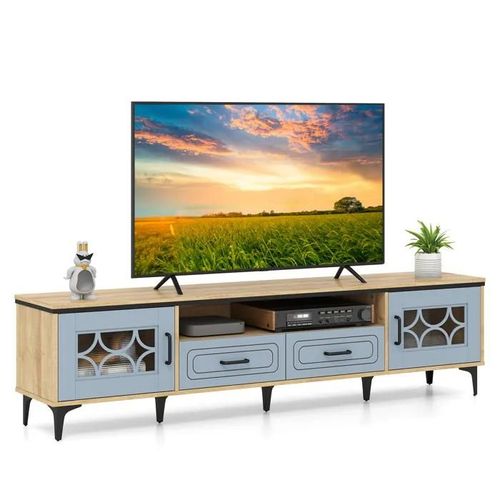 Costway 80" Meuble Tv Avec 2 Tiroirs, 2 Armoires & Compartiment, 7 Pieds Métalliques Surélevés, 150 X 37 X 44 Cm, Nature
