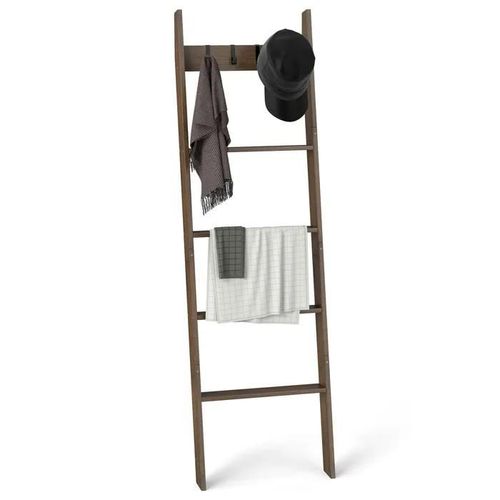 Costway 2 En1 Étagère Échelle À 5 Niveaux Avec Couverture En Bambou, 4 Crochets Amovibles, Pour Salon, Salle De Bain, Marron