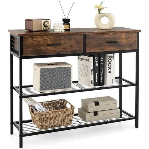 Costway Table Console À 2 Niveaux, 2 Tiroirs - 100 X 30 X 81,5 Cm,Style Industriel. Cadre En Métal, Meuble D' Entrée Marron Rustique