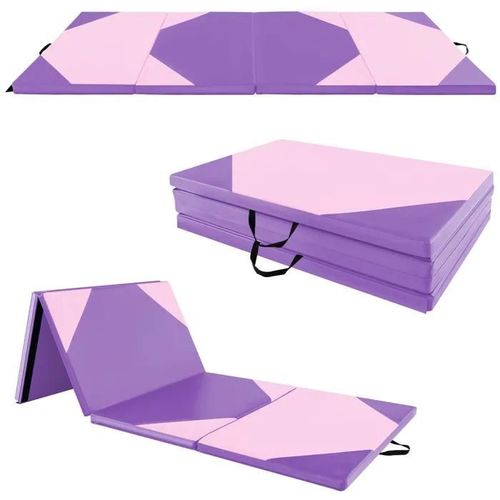 Tapis De Gymnastique Pliable Costway-300 X 117 X 5 Cm-4 Plis En Mousse Et Pu-Avec Poignées Attaches Auto-Agrippantes-Violet