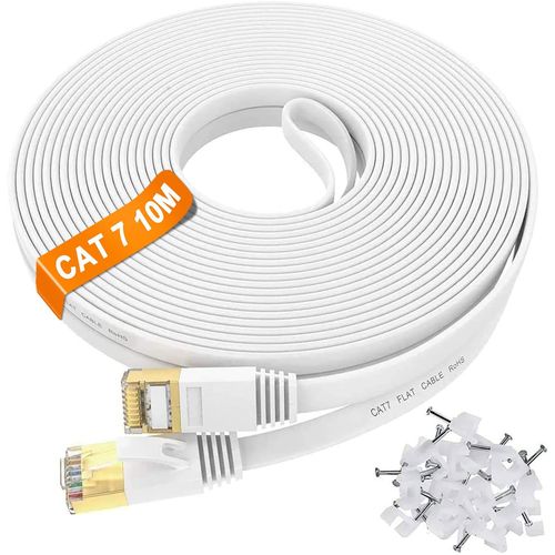 Câble Ethernet 10m Blindé, Cat7 10m RJ45 Câble Réseau Haut Débit Gigabit, Câble Internet Plat CAT7 SFTP 10Gbps 600MHz Anti-brouillage Résistant aux Intempéries, Câble LAN Pour Routeur Switch