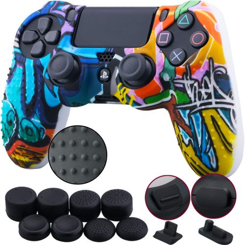 1 Morceau De Silicones Clouté Transfert D'eau Protecteur Manche Cas Couverture Peau Cover Skin + 8 Thumb Grip + 2 Étanche À La Poussière Bouchons Pour Manette Ps4/Slim/Pro, Graffiti