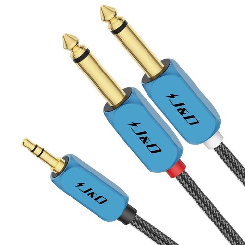 Câble Y-Splitter 3.5mm vers Dual 6.35mm, Câble Stéréo Mono 1/8 TRS Mâle vers Dual 1/4 TS Mâle pour Amplificateurs, Mixeurs, avec Tressage en Nylon et Coque en Cuivre Plaqué or, 1 Mètre