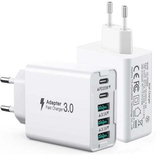 Chargeur Rapide Usb C Chargeur Usb Multiple 50w, Chargeur 5 Port[3 Port Usb Qc + 2 Port Pd], Charge Rapide, Adaptateur Usb Pour Iphone 15/14/13/12/11, Samsung S23 S22, Téléphone Portable, 2pack
