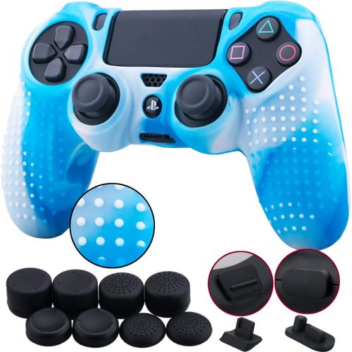 1 Morceau De Silicones Clouté Protecteur Manche Cas Couverture Peau Cover Skin + 8 Thumb Grip + 2 Étanche À La Poussière Bouchons Pour Manette Ps4/Slim/Pro, Blanc Bleu