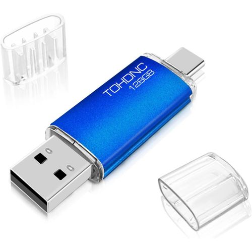 Clé USB C 128 Go Flash Drive USB 2.0 Mémoire Stick 128Go 2 en 1 OTG Portable Type C Clef USB 128go Imperméable Pen Drive pour PC/MacBook/Tablette/Smartphone/TV (Bleu)