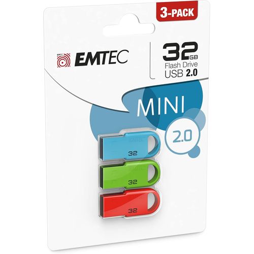 Lot de 3 Clés USB D250 Mini 2.0 16GB, 16Go - ECMMD16GD252P3 - USB Key sans Capuchon avec Système d'Accroche - Séries Runners - Collection D250 - Bleue, Verte, Rouge - 35x16x5mm