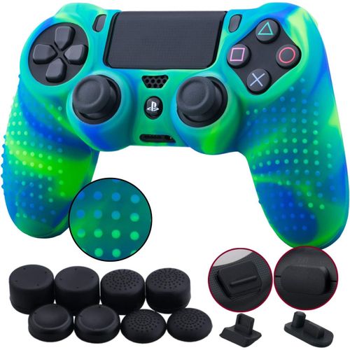 1 Morceau De Silicones Clouté Protecteur Manche Cas Couverture Peau Cover Skin 8 Poignées De Pouce Thumb Grip 2 Étanche À La Poussière Bouchons Pour Manette Ps4/Slim/Pro Bleu Vert