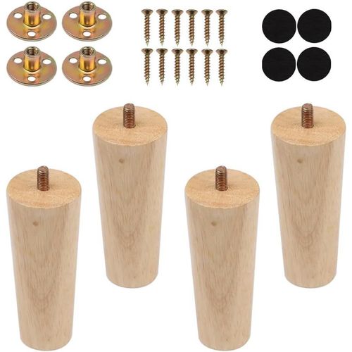 4 PCS Pieds de Meuble en Bois Massif,12 cm Pieds en Bois pour Canapé,Pieds Meubles Bois Rechange,Pieds Meubles Coniques avec Plaque de Montage Vis M4,Pied Meuble Bois Patins Antidérapan,Pied en Bois