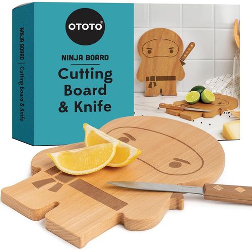 Ninja Board - Petite Planche À Découper Bois Et Couteau - Cadeau Cuisine Pour Couper Les Fruits Et Les Légumes; Planche En Bois Et Couteau En Acier Inoxydable - 25,4 X 17,8 X 1,5 Cm