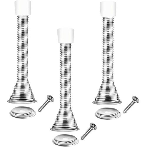 Lot de 3 butoirs de porte à ressort en métal épais avec plaque de base, vis à ressorts de porte longs avec tête de tampon en caoutchouc antidérapant pour murs et portes