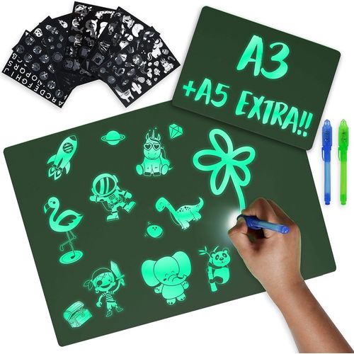 Tablette Lumineuse Enfant A3 et A5, 6 Pochoirs et 2 Stylo Espion Jouet Fille et Garcon 3 4 5 6 7 8 9 10 Ans | Ardoise Magique, Jeux et Cadeaux Enfants pour Anniversaires et Noël